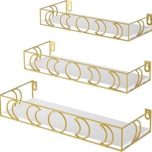 3 PC Set of Wall Shelves Gold Moon Phases Metal with White Shelves - NIB NEW $94